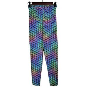 Mermaid Fish Scale Leggings Womens Sz XS Rainbow High Rise Multicolor Knit Pants